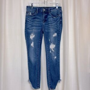 Judy Blue Ankle Cropped Mid Rise Distressed Raw Hem Skinny Jeans